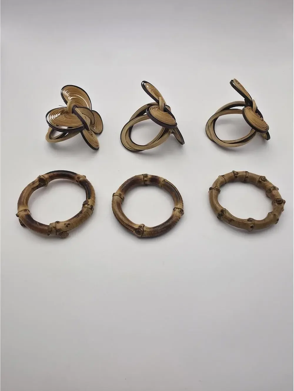 Vintage BAMBOO NAPKIN RINGS  Lot 6 Piece Set BOHO Natural Tiki & Woven Wicker